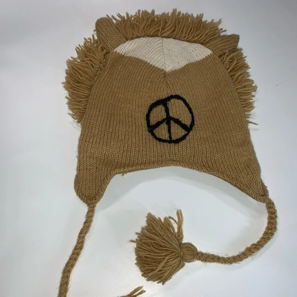 Lion Beanie Peace 100% Wool Large Warm Cozy Zoo Animal Theme Brown Khaky